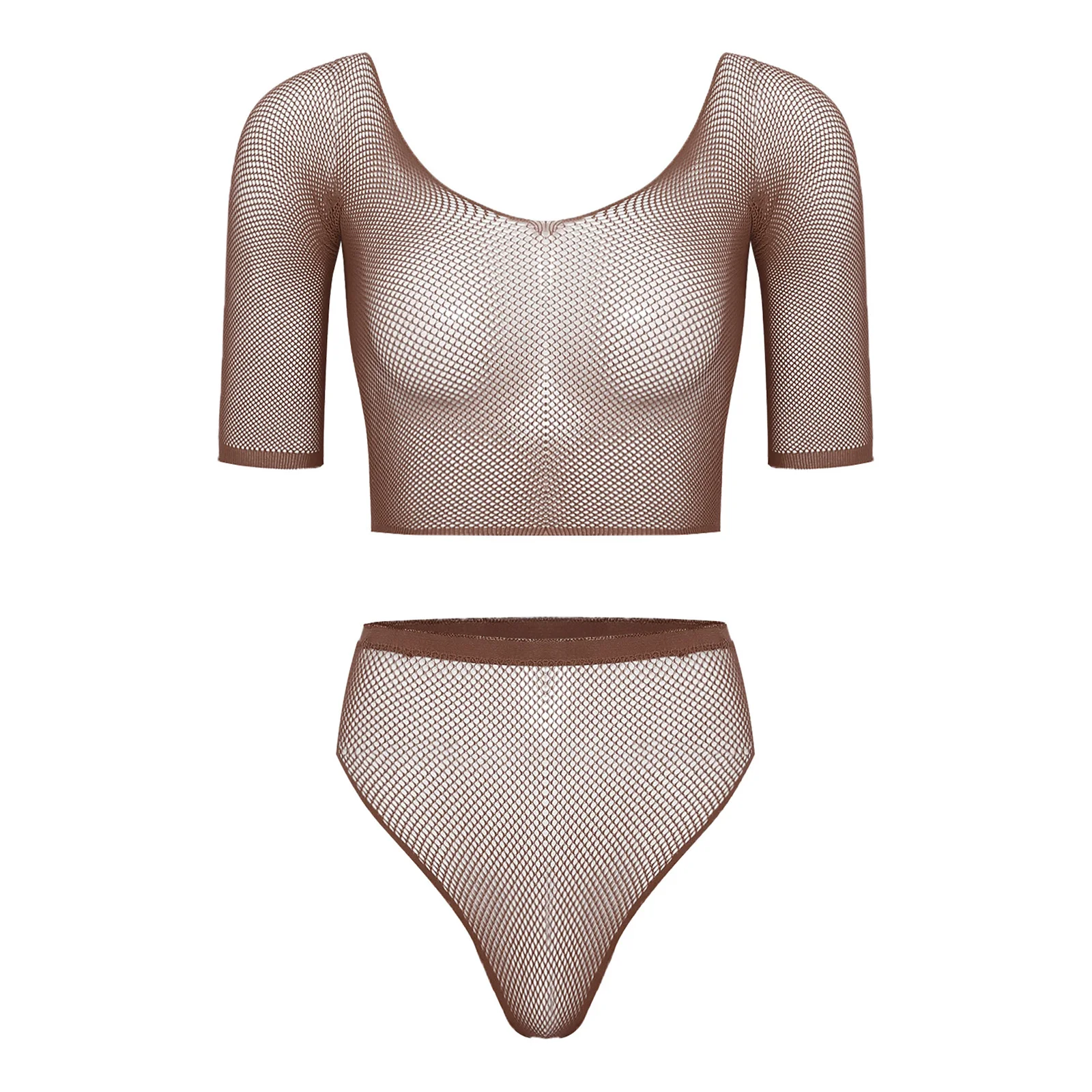 Women See Through Sheer Fishnet Lingerie Outfit Bikini Cover Up 2pcs Short Sleeve Crop Top And Briefs Set for Club Dating Night