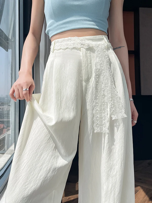 

Original Design Summer New Cotton Linen Wide Leg Pants Ice Silk High Waist Slim Thin Lace Sembach Women's Casual Pants