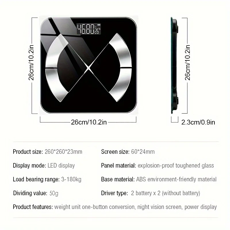 Inteligentna waga, cyfrowa waga łazienkowa, waga do pomiaru BMI i tkanki tłuszczowej, z aplikacją na smartfona.