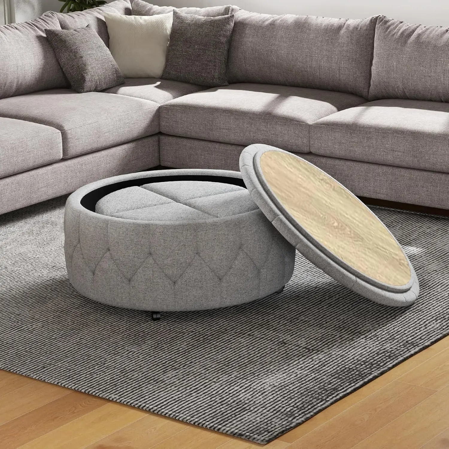 36" Wide Storage Ottoman Large with 4 Wheels,Tufted Round Rolling Ottoman with Removable Lid, Coffee Table Seat Inside