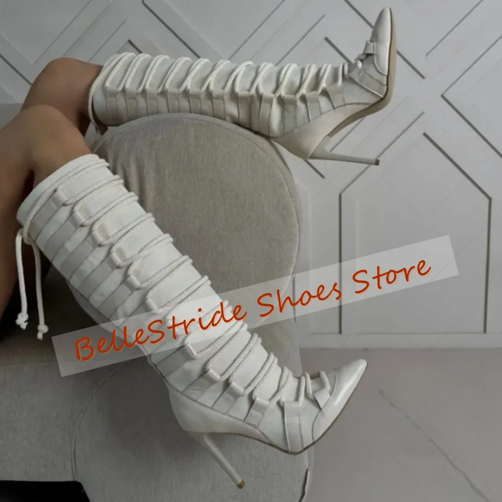 

White Pointed Toe Matte Leather Splicing Boots Women Shoes Stilettos High Heels Party Banquet Dating 2025 Zapatos Para Mujere