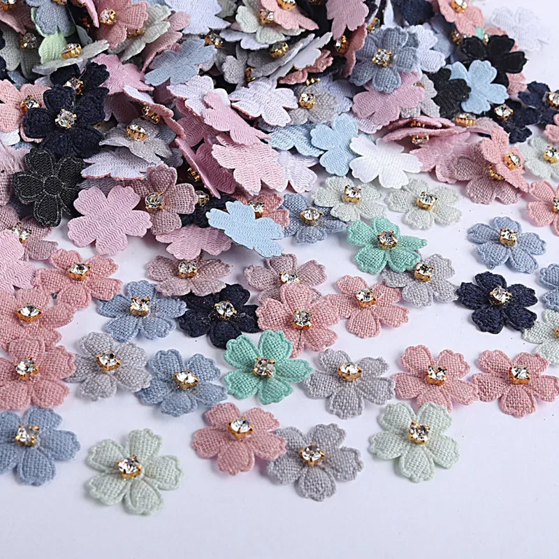 100Pcs 22mm Fabric Flower With Rhinestone Appliques For Clothes Hat Sewing Patches DIY Headwear Hair Clips Bow Decor Accessories