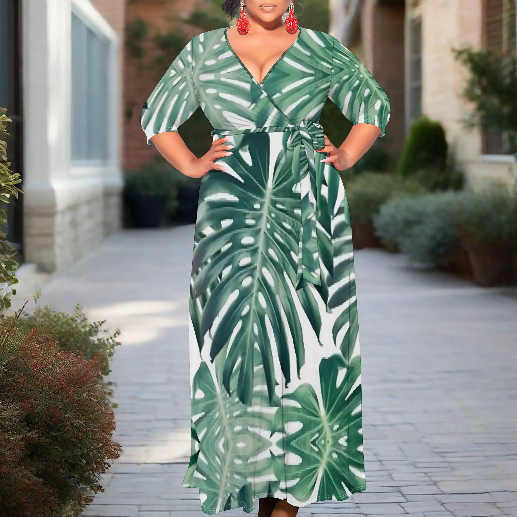 

Tropical Leaf Print Plus Size Dress XL-6XL V-Neck Wrap Style with Belt & 3/4 Sleeves for Beach Vacation, Garden or Summer Brunch