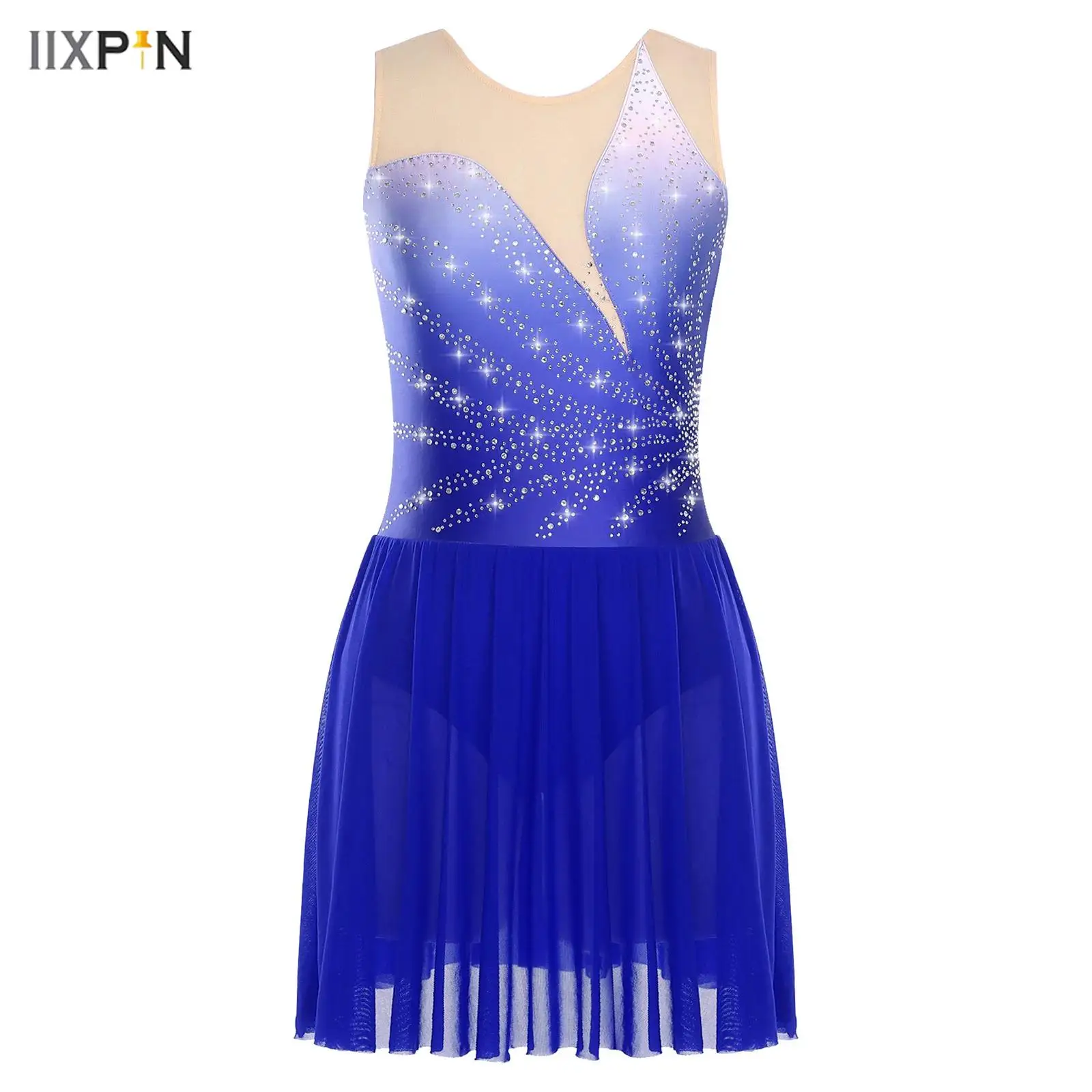 

Women's Figure Skating Dress Rhinestones Mesh Patchwork Sleeveless Dress Ballet Lyrical Dance Leotards for Competition Costume