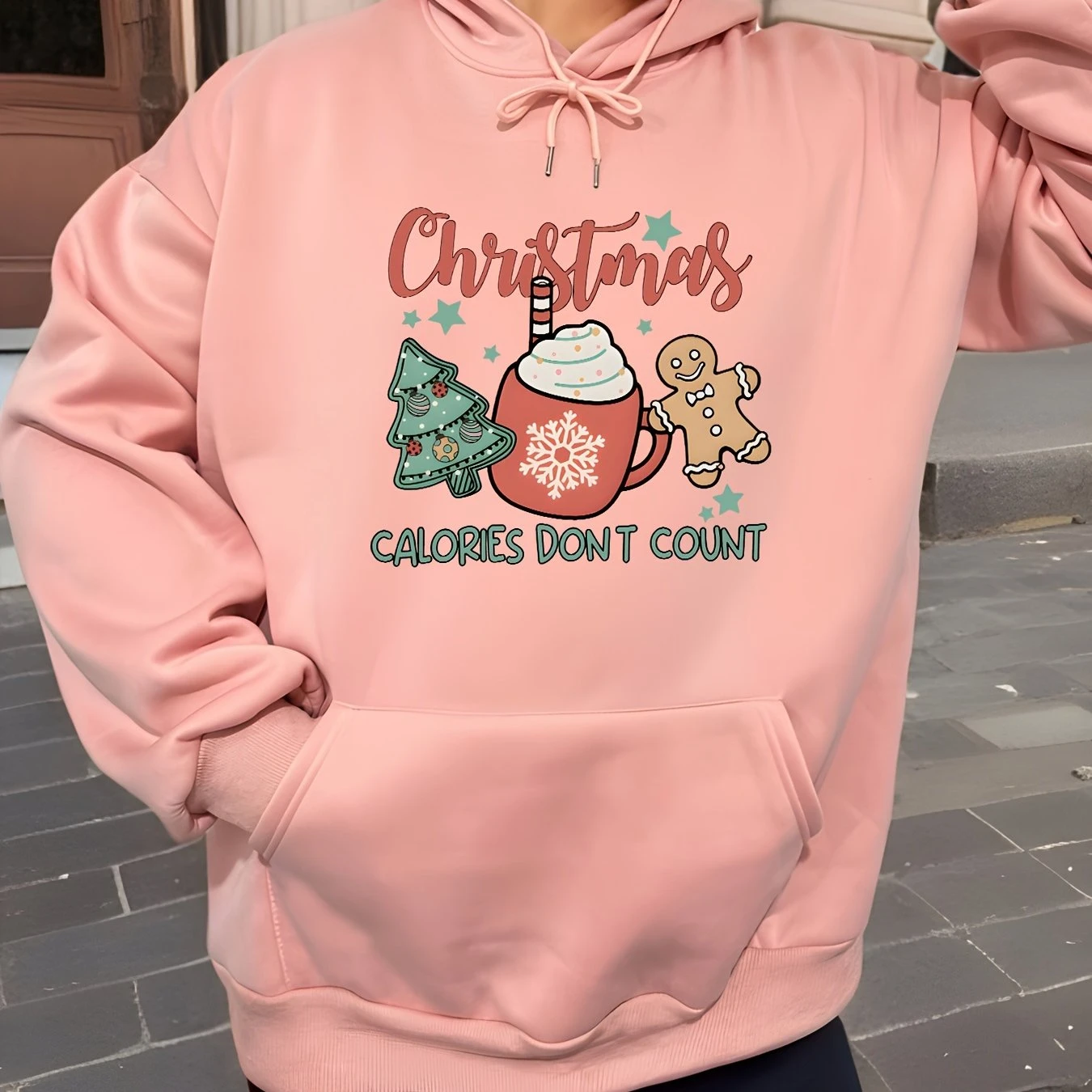 Christmas Tree Print Fleece Lined Casual Drawstring Hoodie Long Sleeve Sports Kangaroo Pocket Hooded Sweatshirt Women\'s Clothing