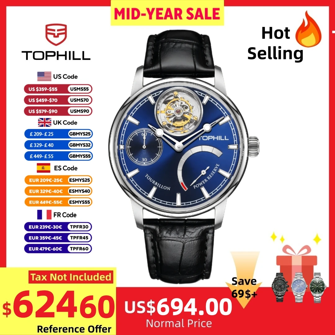 

TOPHILL Tourbillon Watch For Men Mechanical Watch 43.7mm Luxury Skeleton Dial Leather Strap Reloj 316L Stainless Steel TU013G