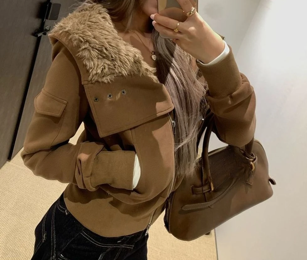 

Women's 2025 Fall/Winter New Design Hooded Fleece Sweatshirt Jacket with Elastic Waist and Open Front