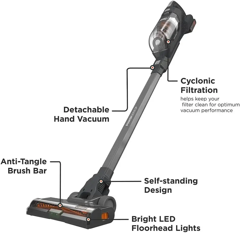 BLACK+DECKER POWERSERIES+ 20V MAX* Cordless Stick Vacuum with LED Floor Lights, Lightweight, Removable Battery