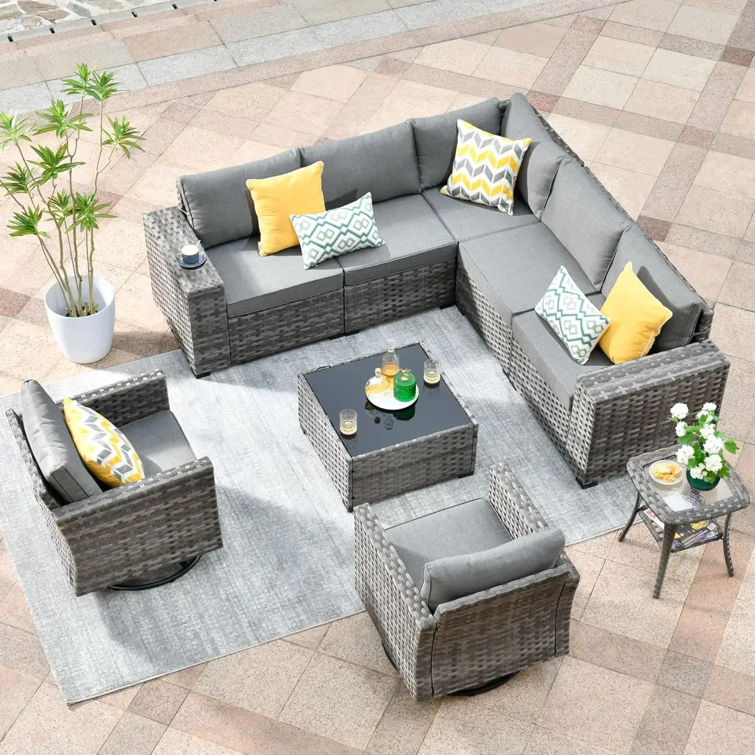 

Modular Patio Outdoor Sectional Furniture Set Wicker Conversation Sofa Set,Out Door Couch Set (Dark Grey/Denim Blue)