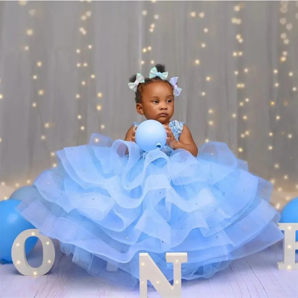 

Cute Flower Girl Wedding Dress Appliques Sequined with Bow Sleeveless Tiered Puffy Princess Birthday Party Prom Pageant Dress