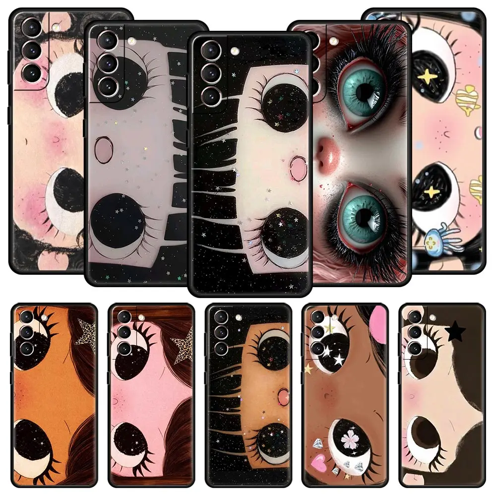 Phone Case Cover for Samsung Galaxy S26 S25 S24 S23 S22 S20 S21 FE Ultra Plus S25 Edge 5G Soft TPU Capas Cute Black Big Eyes Bag