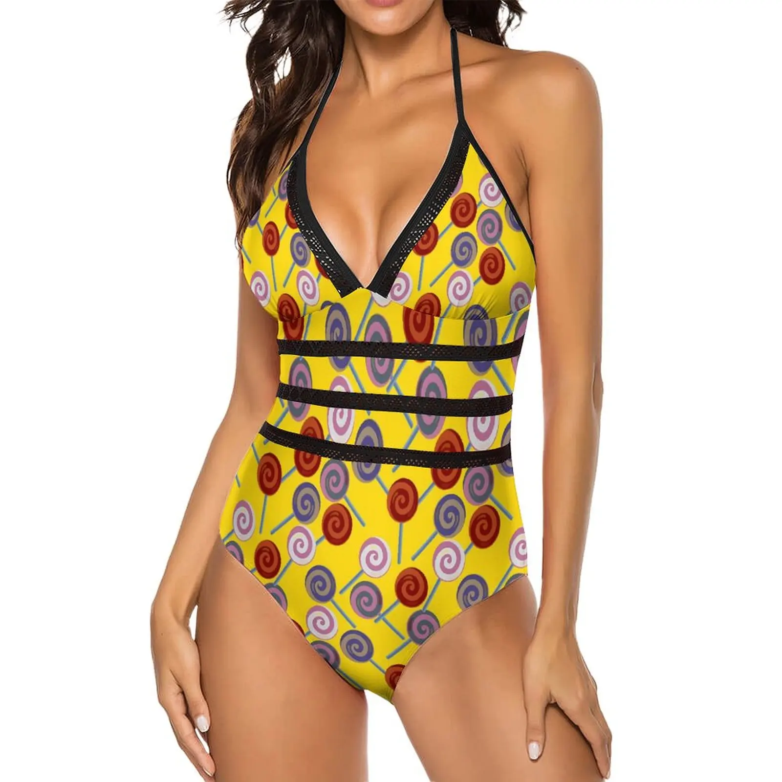 Candy Pattern Swimsuit Lollies Swimwear One Piece Vacation Bath Bodysuit Sleeveless Bathing Suits Female Push Up Sexy Beachwear