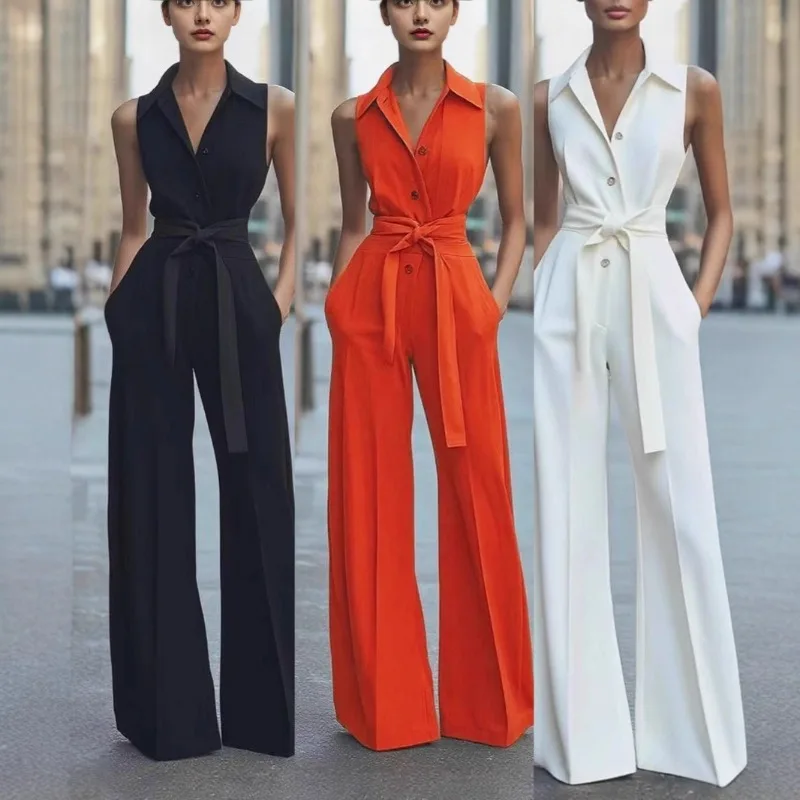 ノースリーブ ラペル ジャンプスーツ レディース ファッション ボタンダウン シャツカラー 無地 ワイドレッグ 通勤 オフィス ポケット付き ジャンプスーツ