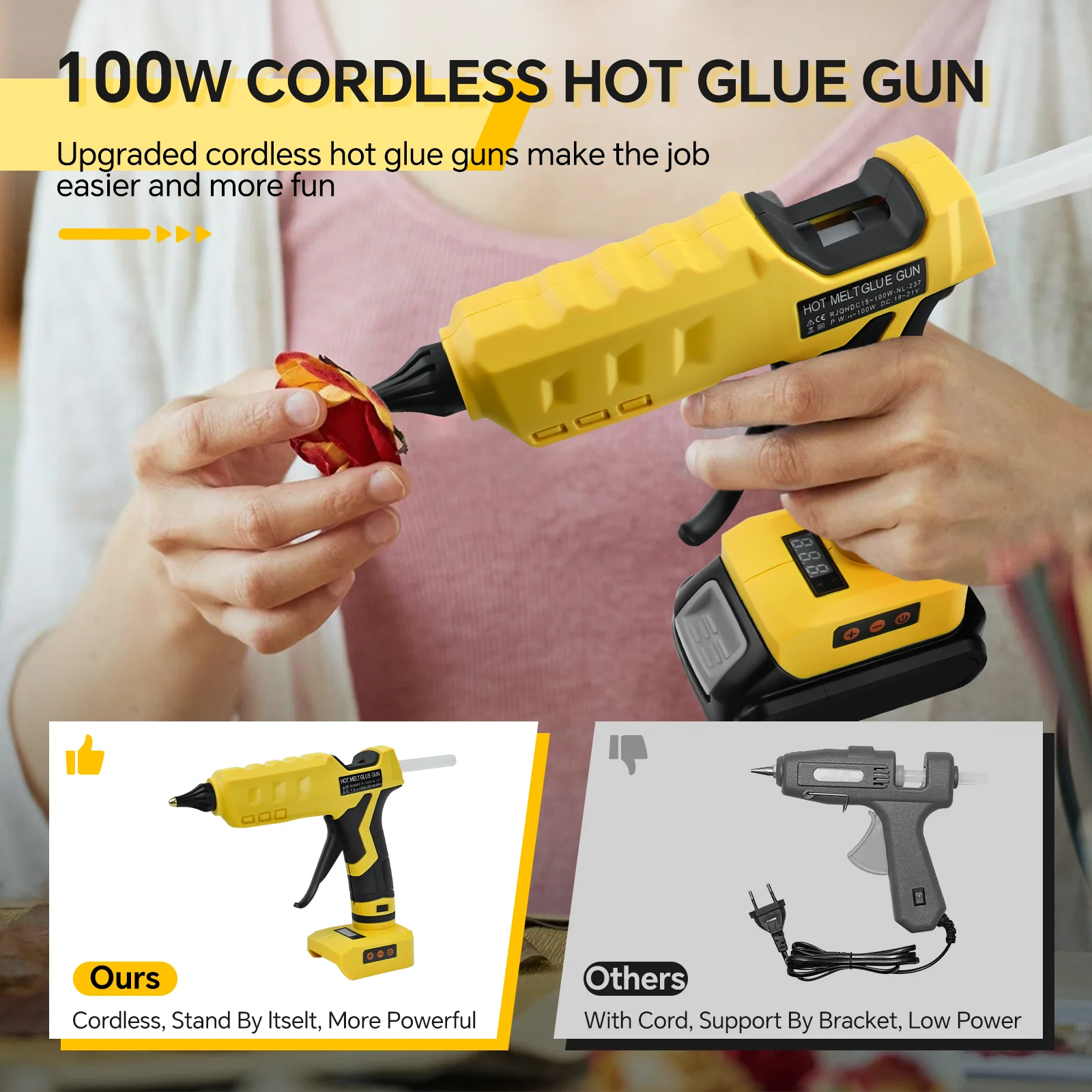 100W Cordless Glue Gun 100℃-200℃ Temp Adjust Digital Display Hot Melt Glue Gun with 10Pcs 11mm Sticks for Dewalt 20V Battery Pin