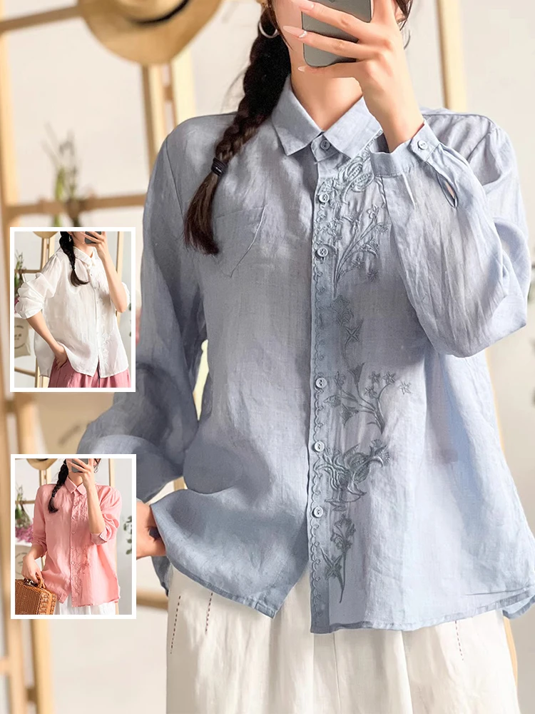 레트로 코튼 린넨 자수 플러스 사이즈 여성용 칼라 롱 슬리브 컬러 캐주얼 셔츠 트렌디 가을 의류