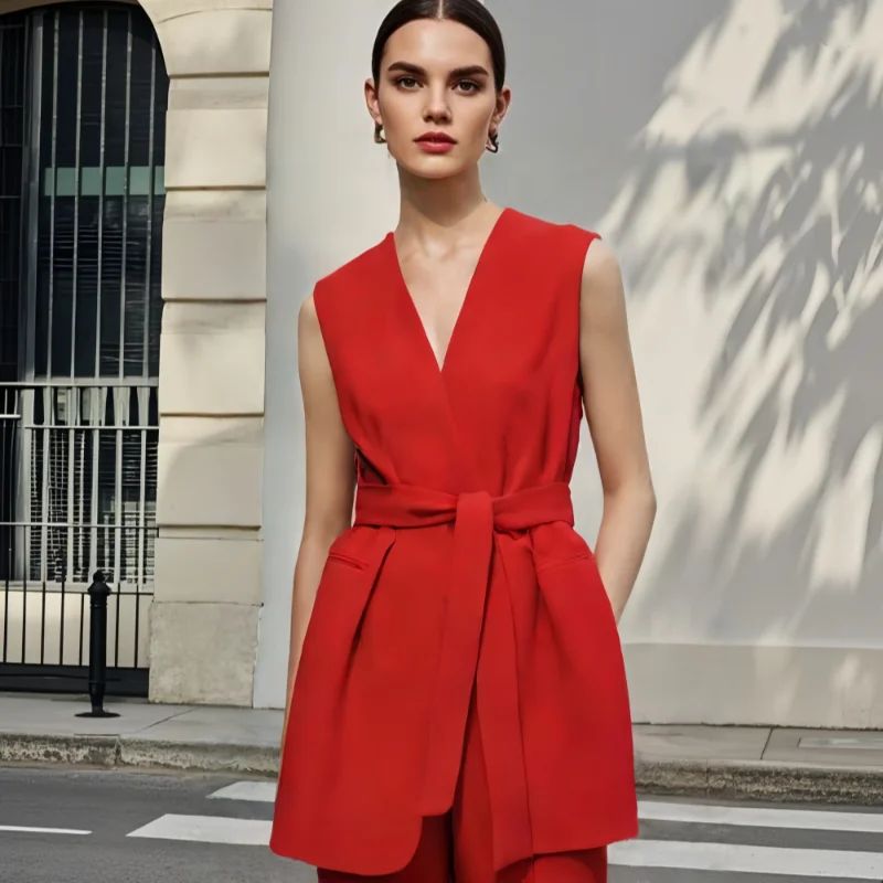 

Taop&Za2025Sleeveless Women's Top with Wrap Design Belted Waist Functional Pockets Suitable for Various Occasions