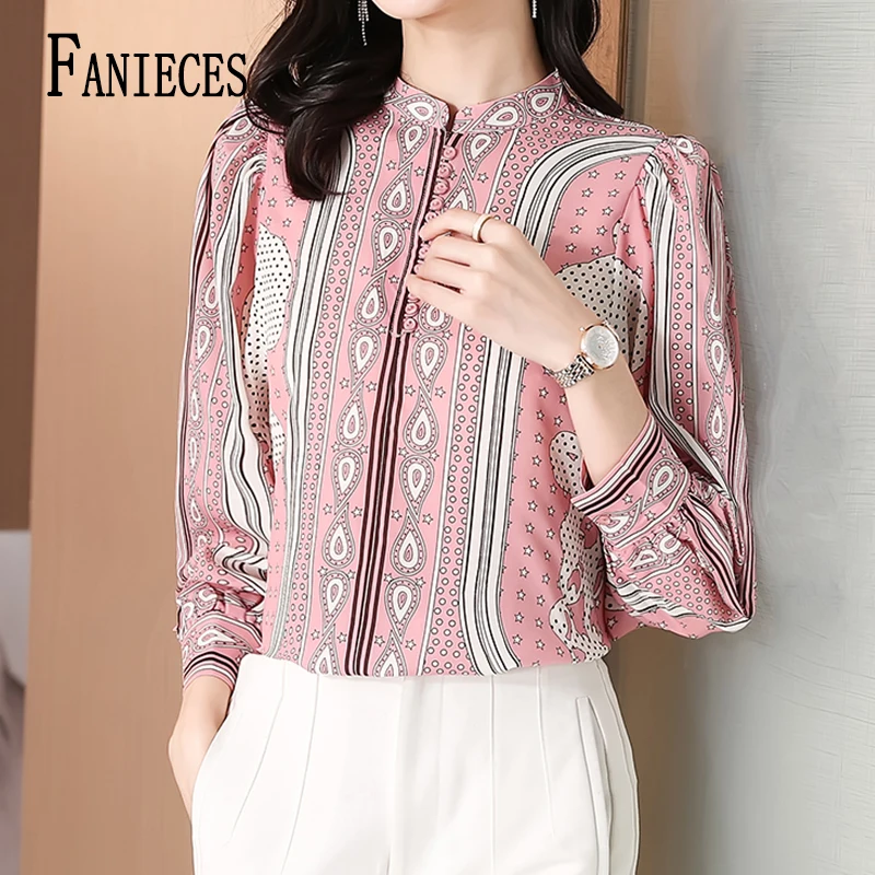 

FANIECES camisas e blusas Casual Elegant Pink Print Loose O-neck Button Tops Long-sleeved Woman Shirt And Blouse Female Clothing