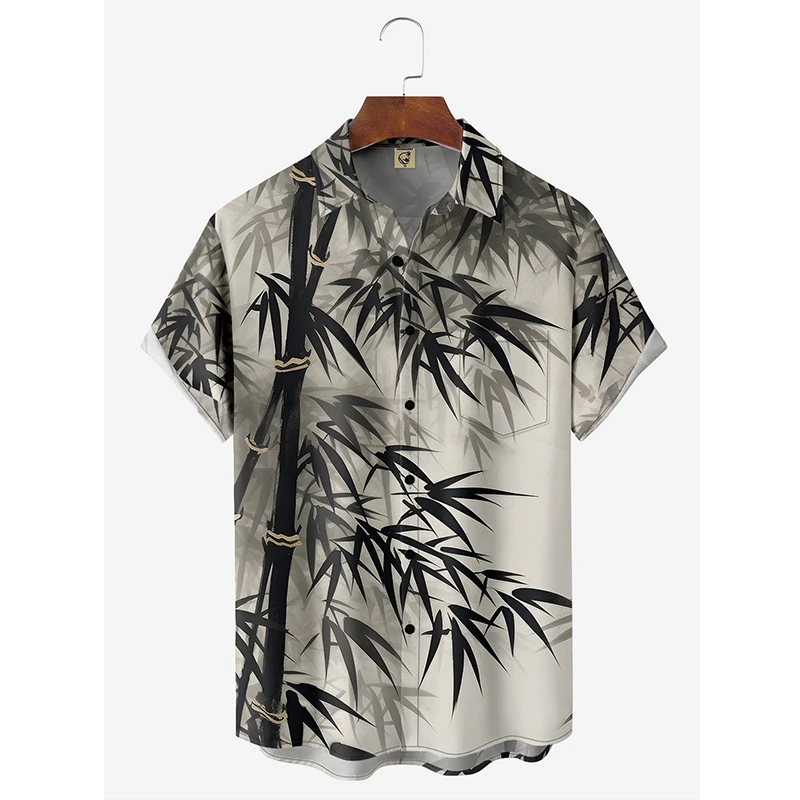 Camisa havaiana extragrande masculina, tops gráficos de plantas, blusas de lapela, roupas casuais, moda verão, estampa bambu