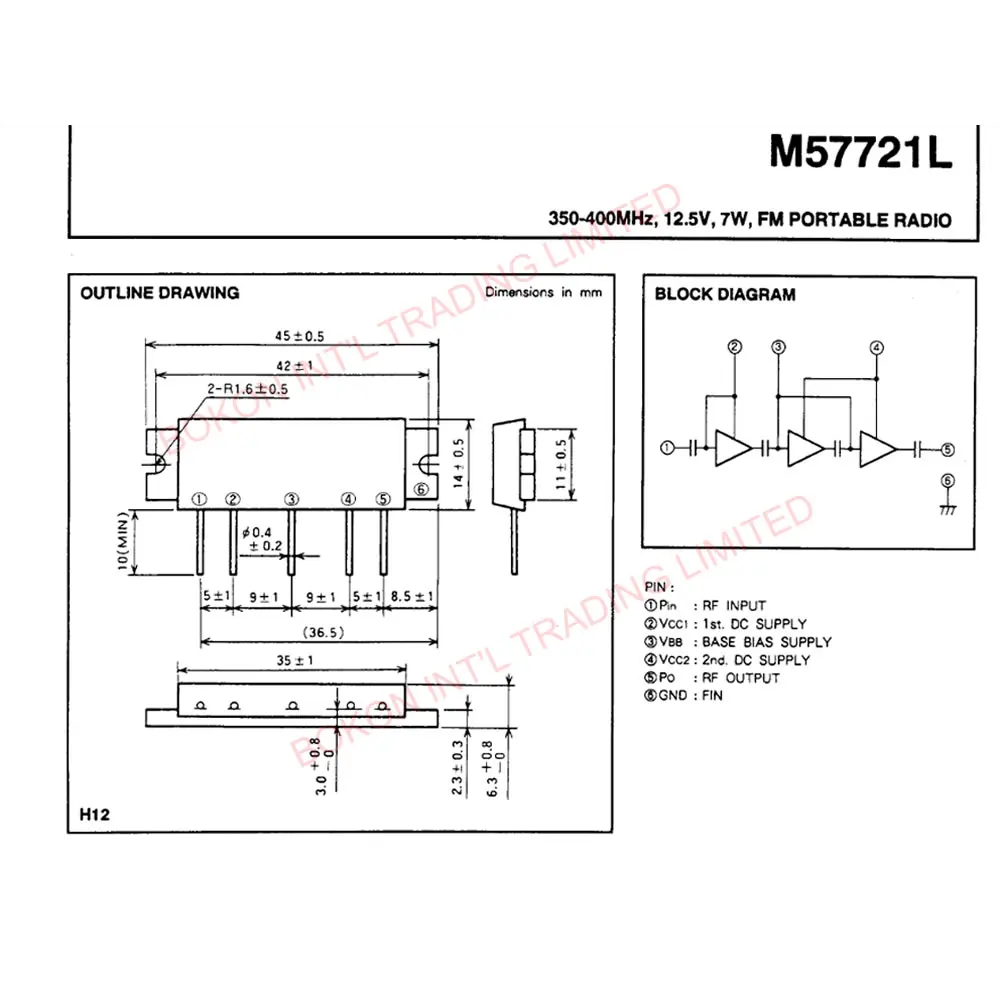 Módulo de Potência RF para Rádio Portátil, FM, M57721L, 350MHz a 400MHz, 7Watts, 12.5V, 7W