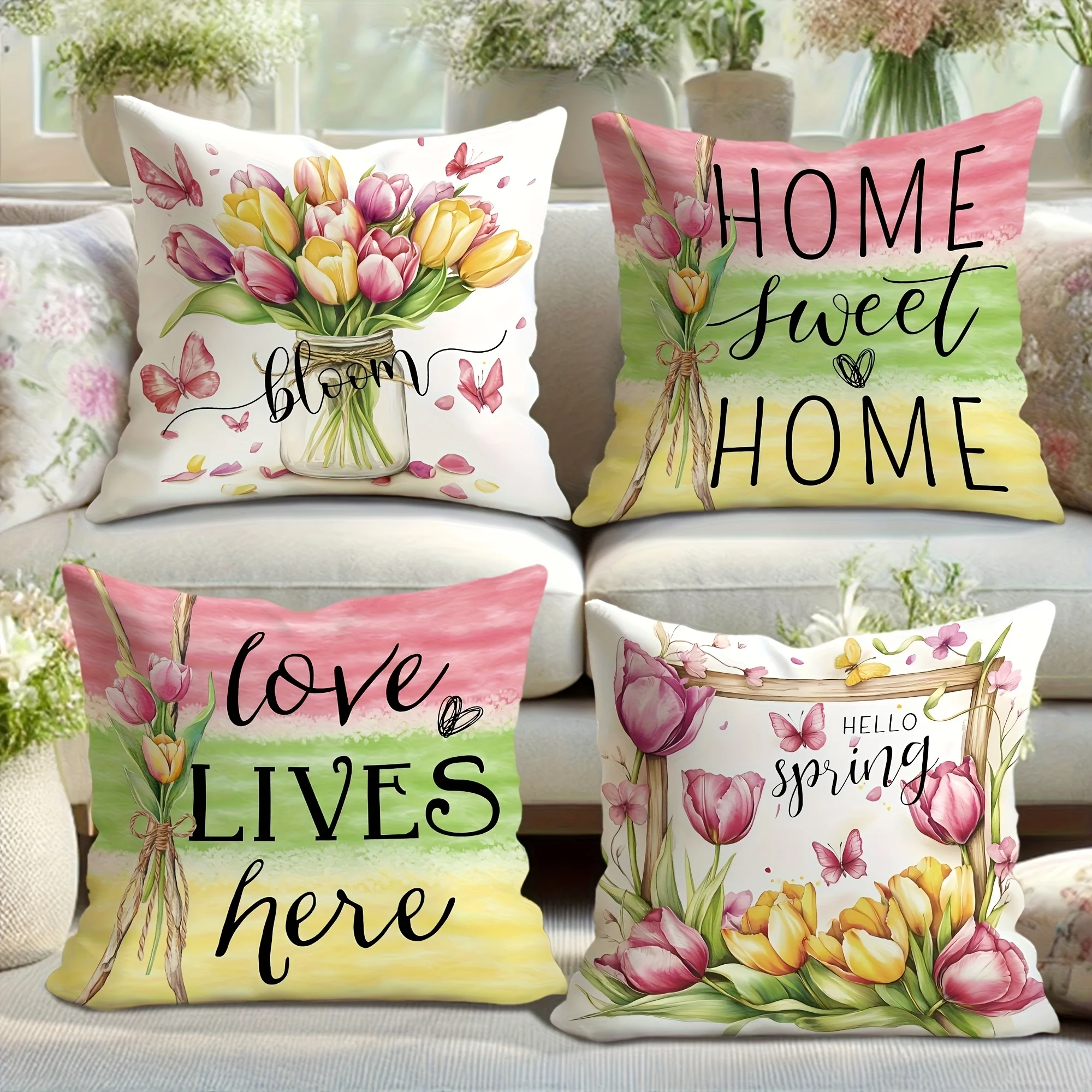 4Pcs Tulip Pillow Covers 40x40cm Double-sided Printed Spring Floral Cushion Cases Home Sweet Home Decor No Insert