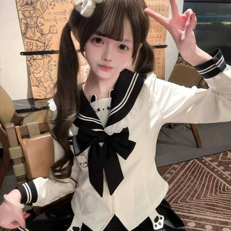 Japanese Sweet Lolita 2 Piece Sets Women Kawaii Cute Print Bow Sailor Collar Tops Lace Ruffles Mini Skirt Y2k JK Uniform Outfits view 3