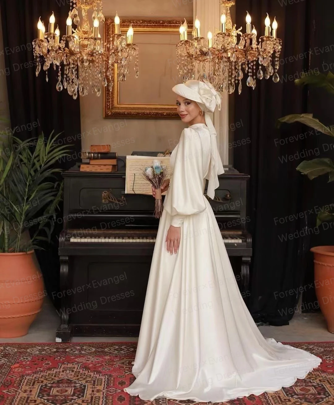 Luxury Wedding Dresses A Line Woman's Sexy High Neck Long Puff Sleeve Muslim Bride Gowns Formal Vestidos De Noche Customized