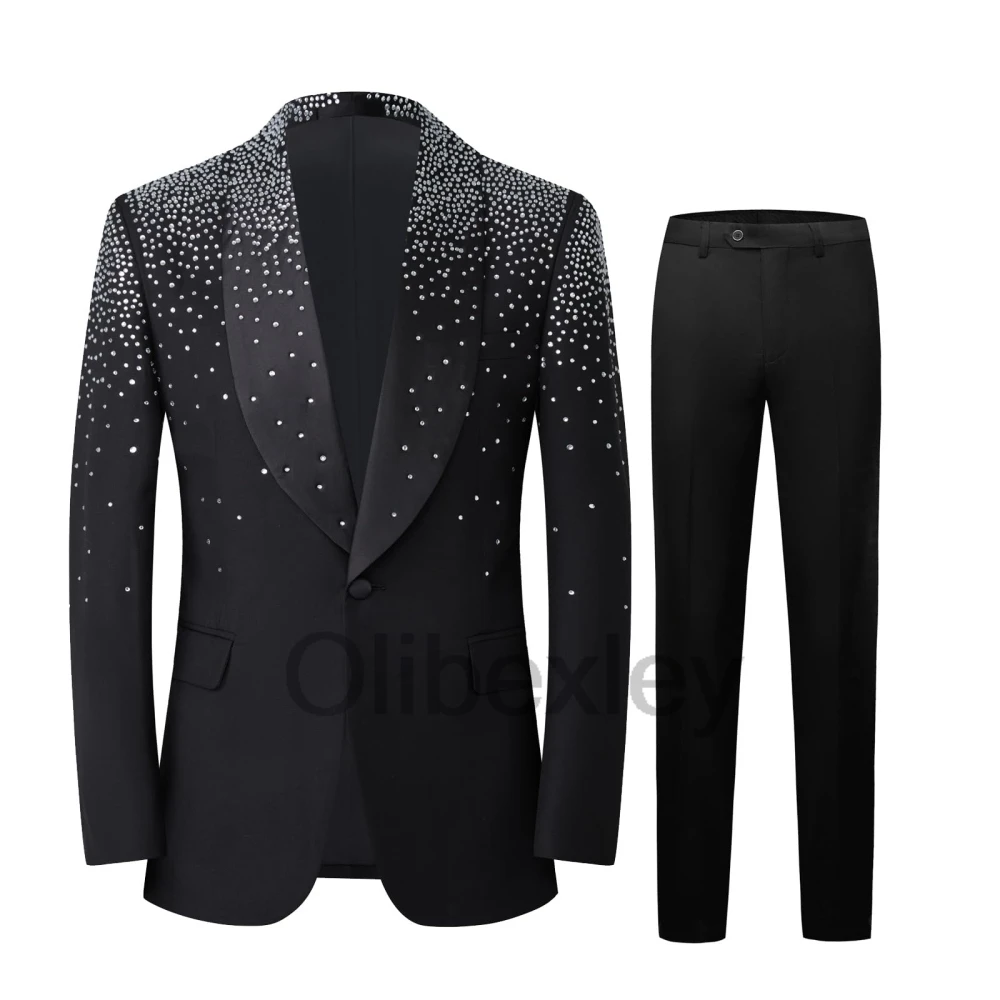 Olibexley Glitter Black Mens Suits Rhinestone Crystals Slim Groom Wedding Tuxedos 2 PCS Sets Male Prom Blazers Customized S463