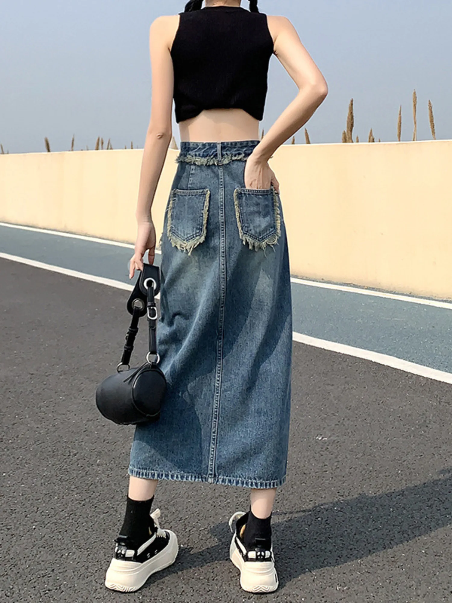 Women's High Waist Denim Skirt A-Line Midi Skirt High Slit Raw Hem Distressed Vintage Jean Skort Y2K Streetwear view 3