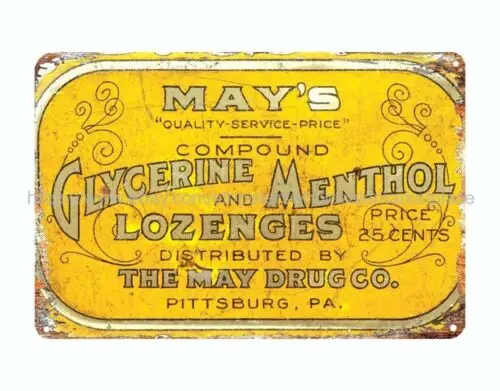 May's glicerina mentol Lozenges, gota para la tos, publicidad, letrero de estaño de metal