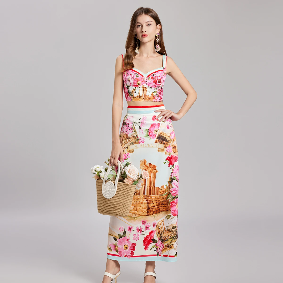 Summer Flower Two-piece Set Women Sexy Crop Tops Long Maxi Skirts Suits Floral Print Architecture Midi Matching Sets Lady