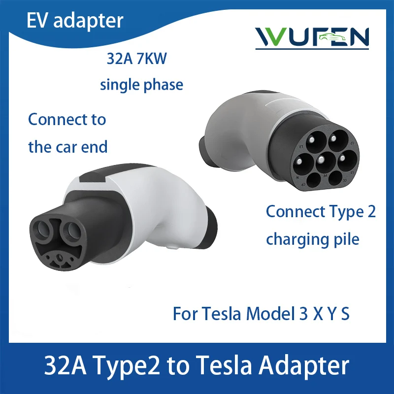 WUFEN 32A 7KW  EU Type 2 to Tesla NACS TPC Plug Adapter AC Type2 Tesla Adaptor EV Charger IEC 62196 Socket for Tesla Model 3 X Y