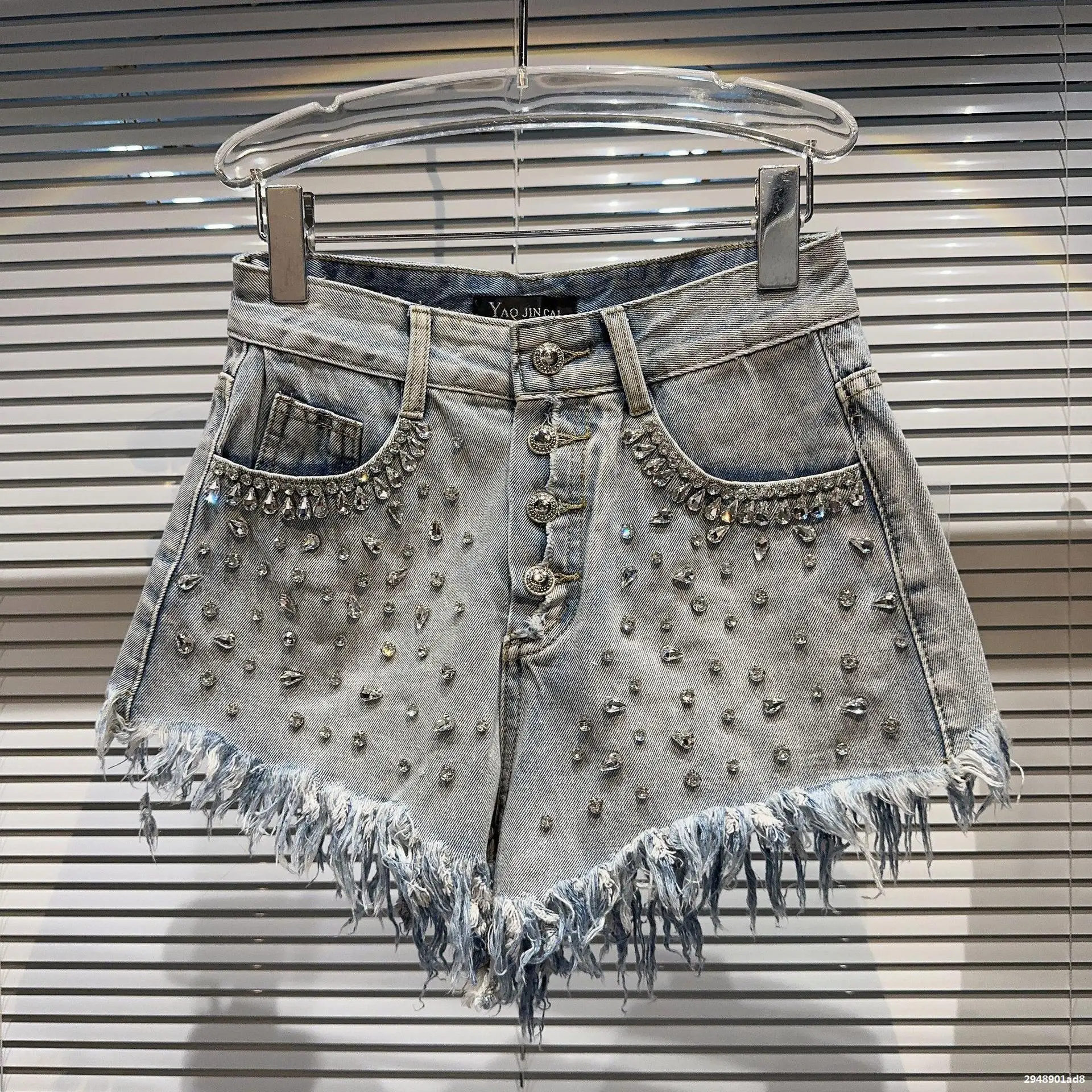 Sequined Rhinestone Beading Blue Jeans Shorts for Women 2026 Summer Fashion Pockets High Waist Sexy Tassel Denim Short Pants