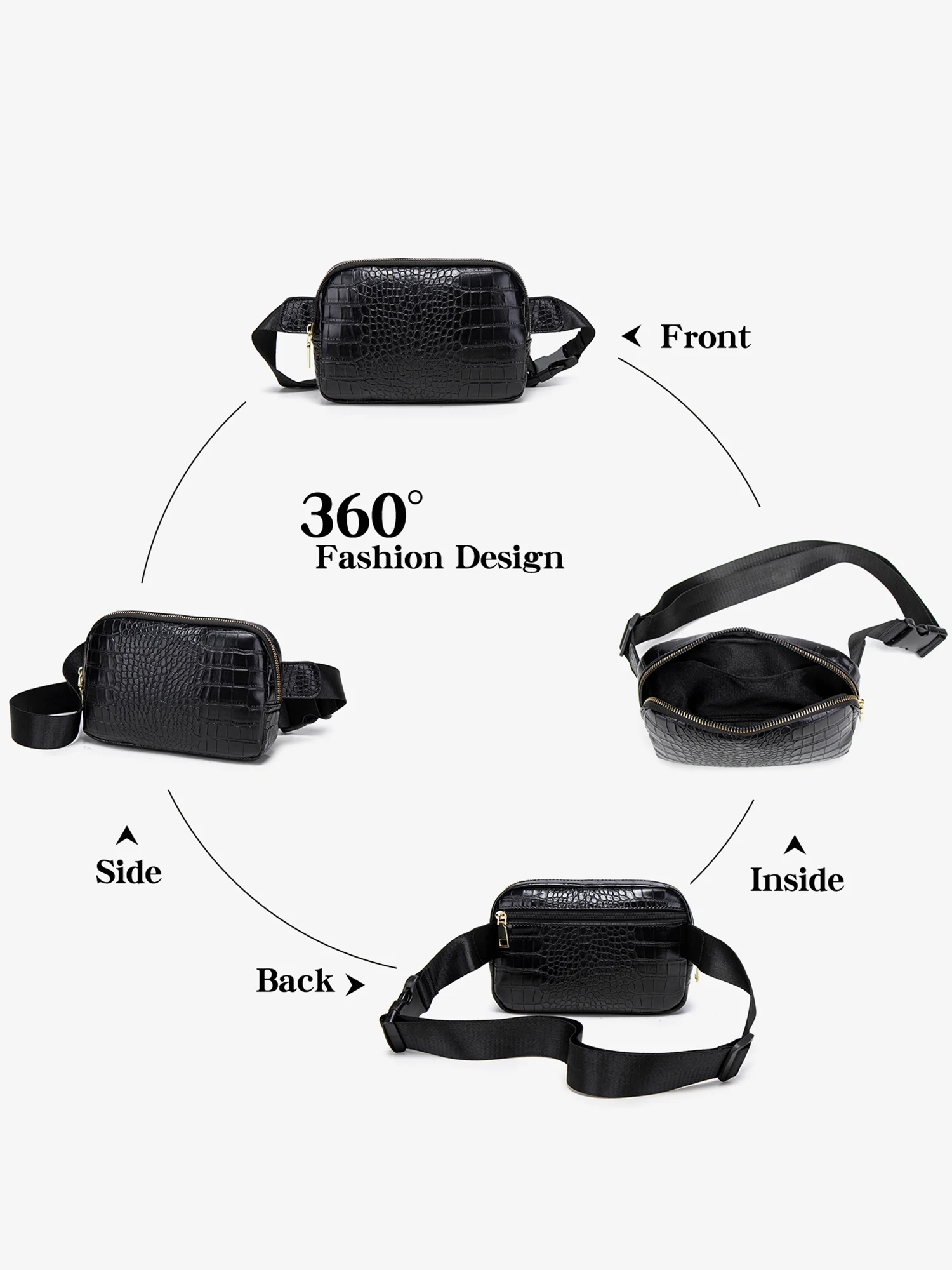 حقيبة صدر صغيرة عصرية بلون سادة كلاسيكية ذات سعة كبيرة على شكل تمساح حقيبة خصر للجنسين بحزام كتف قابل للتعديل