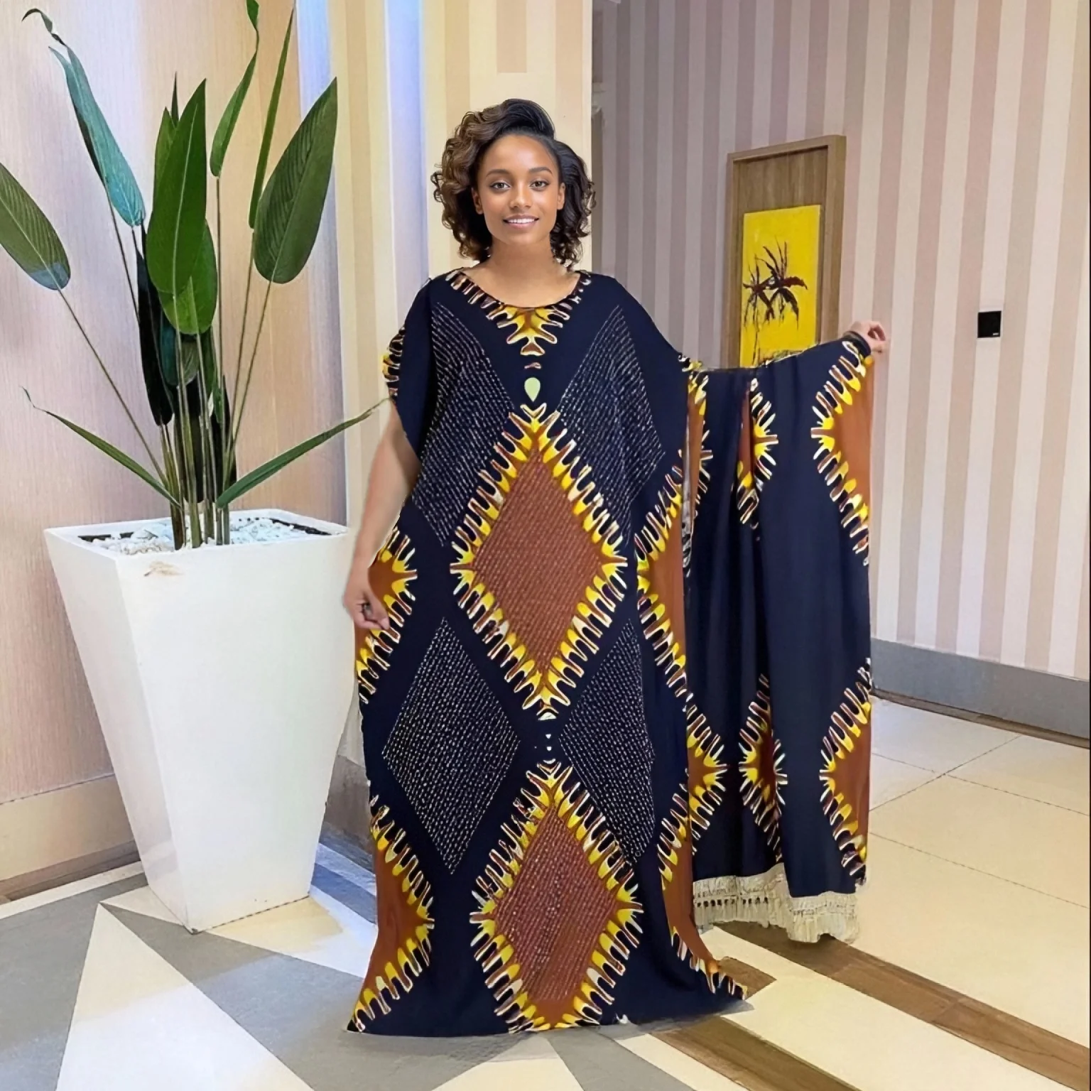 

2025 New Fashion Hot Diamond Loose Casual Headscarf Middle Eastern Bubu African Print Women's Cotton Dress Manufacturer