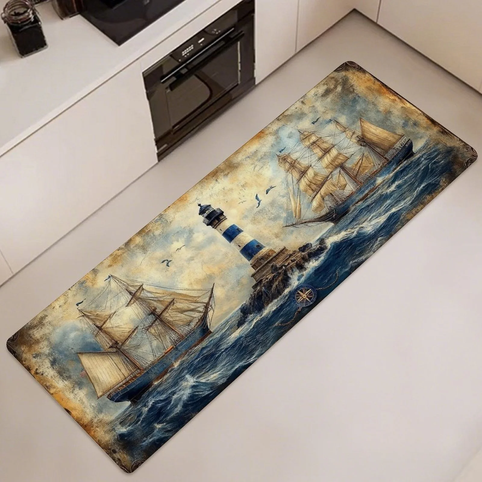 Cottage Style Long Kitchen Rug  Blue Picket Fence Wildflower Butterfly Garden View Design Anti Slip Washable Floor Decor Runner