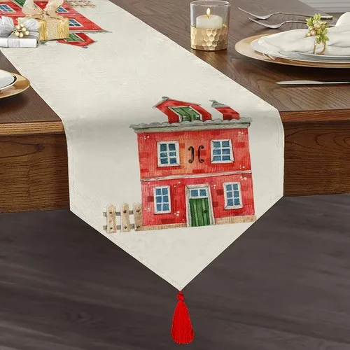 Real Homes Miniature Red Home Illustrative Digital Printed Decorative Tassels Chenille Triangle Runner