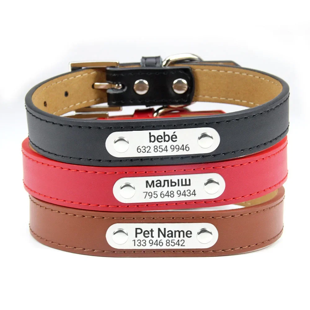 Personalized Dog ID Collar Custom Pet Name Free Engraving Genuine Leather Collar For Small Medium Large Dogs Pitbull Cat XS-XXL