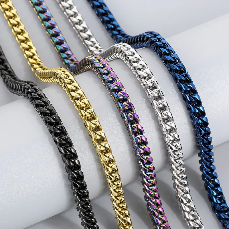 Fongten 65cm Stainless Steel Necklace for Men Multiple Colour Square Box Cuban Chain Choker Hip Hop Jewelry Wholesale