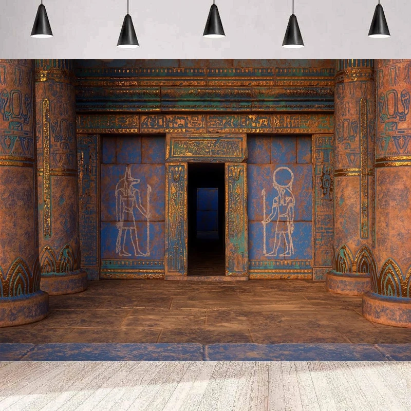 Photography Backdrop Ancient Egypt Tomb Entrance Temples Doorway Gold Columns Background Wall Historical Themed Party Poster