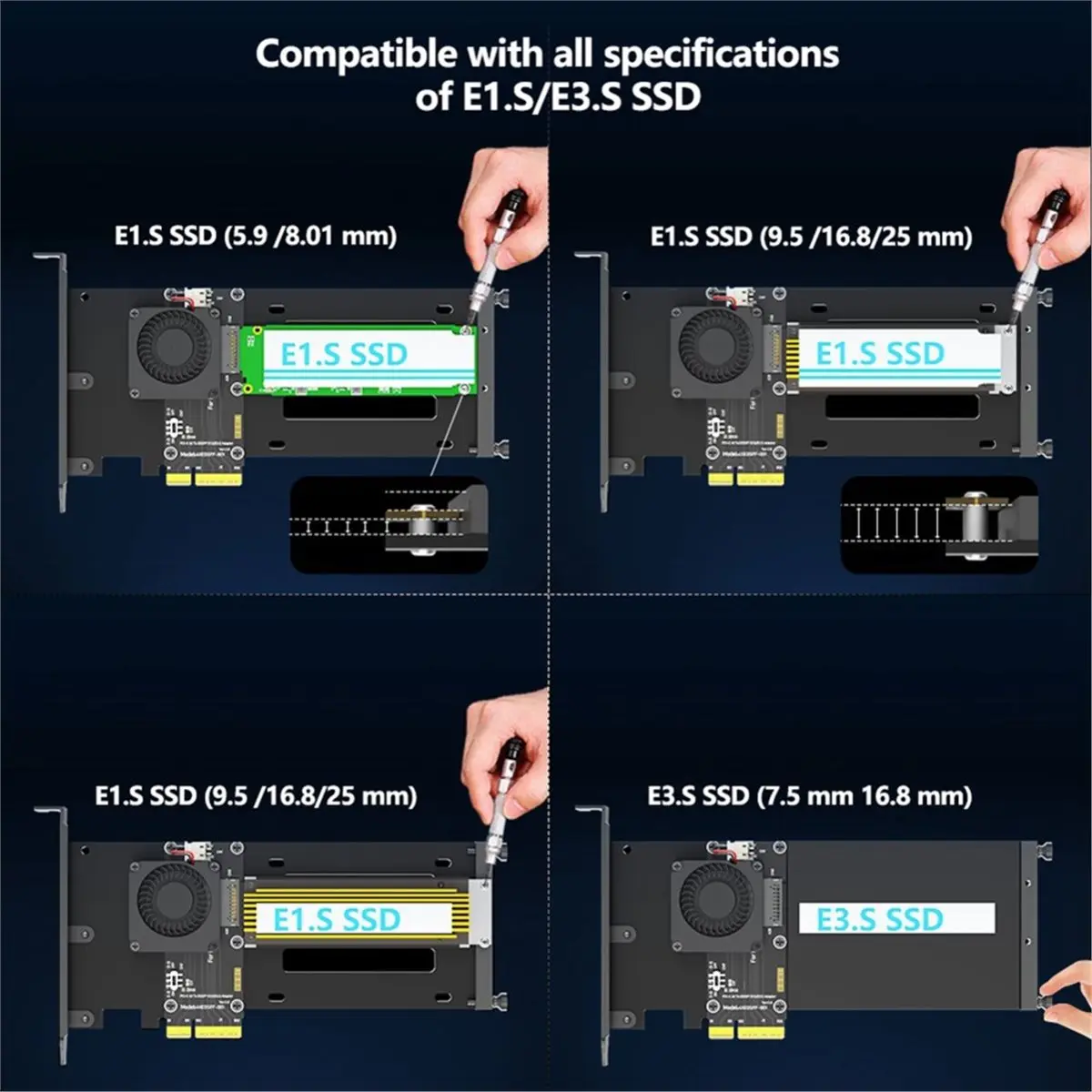 NEW FACTORY~PCIe 5.0 X4 to E1.S/E3.S (EDSFF Gen-Z) SSD Adapter Card with Cooling Fan