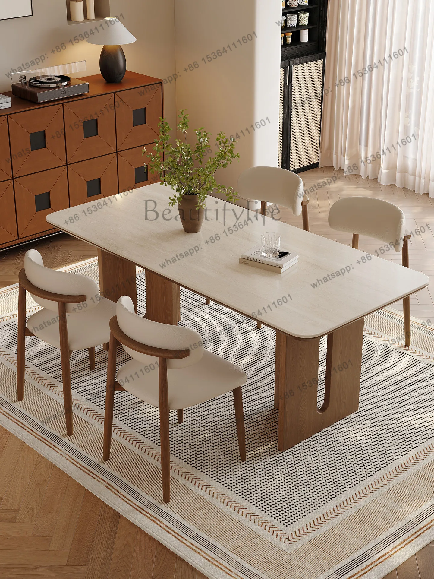 Solid wood travertine rock slab dining table household small rectangular table medieval cream style