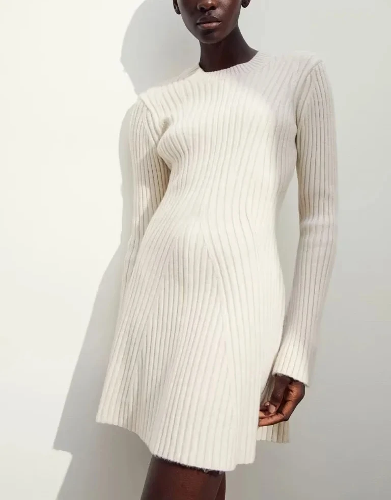 Autumn Winter Women's Long Sve Knitted Dr Slim Fit round Ne Sweater Dr Casual High Waist A-Line Polyester Fiber