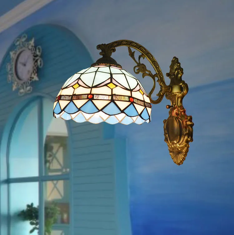 

Mediterranean Tiffany Blue Modern Baroco Style Wall Lamp Antique Lighting Stained Glass Shade For Aisle Wall Lamp Light Fixture