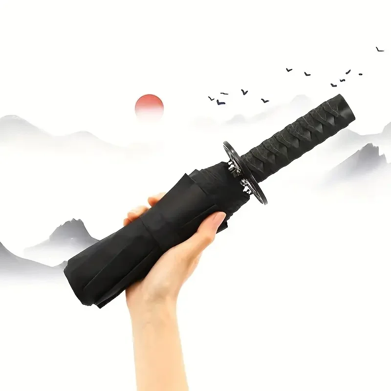 3 Folding Samurai Sword Katana Umbrella Compact Black Windproof Demon Slayer Umbrella Portable Cosplay Rain Gear Life Supplies