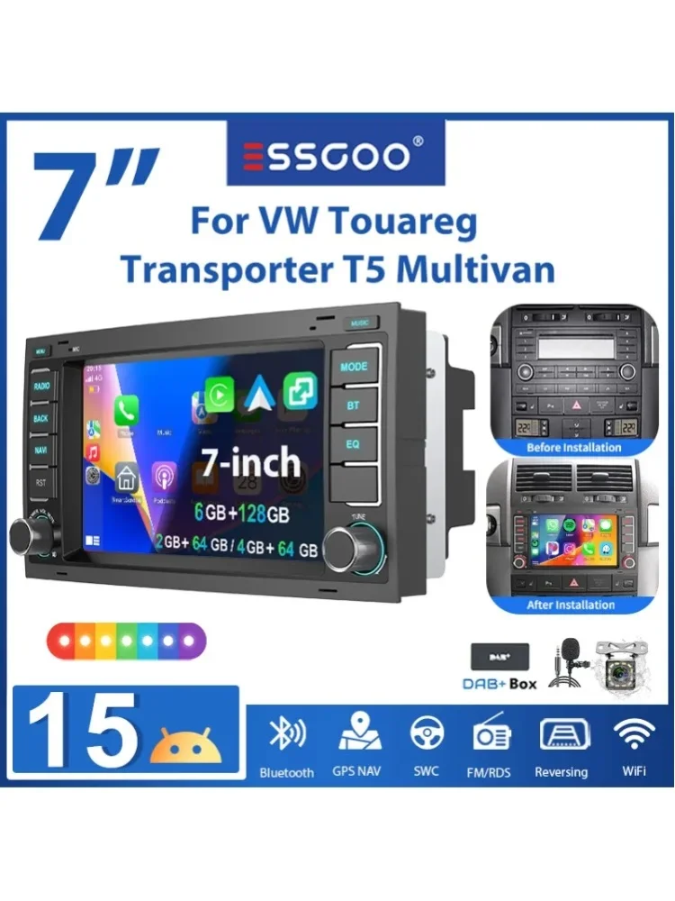 ESSGOO 7 Zoll Android 15 2+32G/4+64G/6+128G passend für VW T5 Multivan und Transporter, Autoradio mit kabellosem CarPlay, Android Auto, GPS Navigation, RDS FM Radio, WLAN, Bluetooth, Mirror Link,