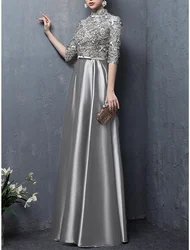 Mother of the Bride Dress Elegant Vintage High Neck Floor Length Satin Half Sleeve with Bow Appliques vestidos de boda invitada