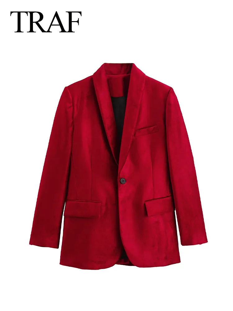 TRAF Female Blazers Coats Red Turn Down Collar Long Sleeves Pockets Decorate Single Button Woman\'s Fashion Spring Jackets