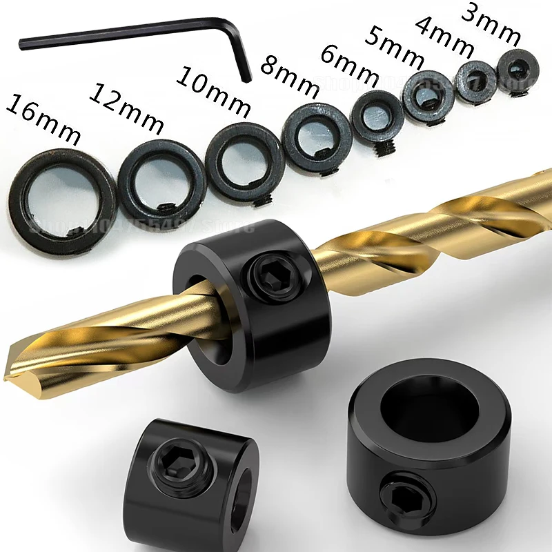 Drill Depth Stop Bit Collar Set Adjustable Positioner Limit Ring 3-16MM Allen Wrench Tighten Stopper Set-Screws Woodworking Tool