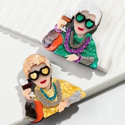Glitter Green Yellow Glasses Grandma Acrylic Brooches for Women New Cute Wine Cup Lady Figure Badge Lapel Pins Brooch Jewelry
