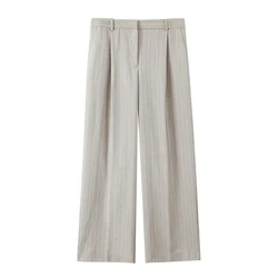 YENKYE 2025 Women Chic Fashion Office Wear Striped Wide Leg  Pants Vintage High Waist Zipper Fly Female Trousers Mujer